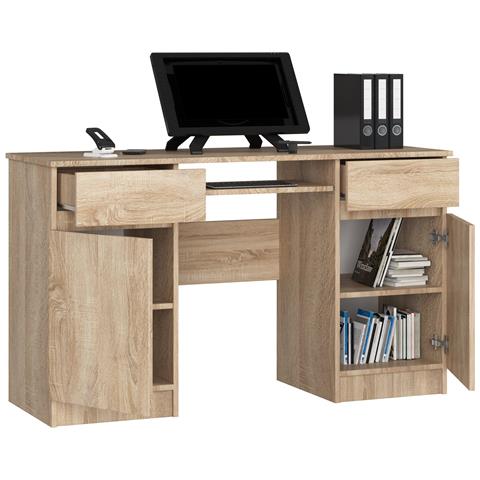 Scrivania per computer A5, 2 ante e 2 cassetti, 135x50x77 cm, Colore Sonoma Quercia - Foto 2