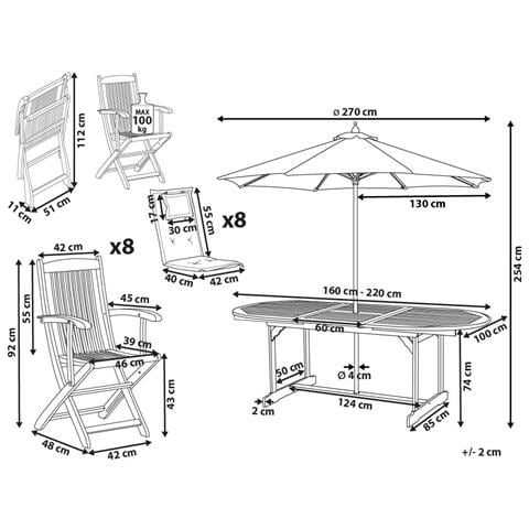 Set Da Giardino 8 Posti Legno Di Acacia Chiaro Con Cuscini Bianco Sporco E Ombrellone Maui Ii - Foto 7