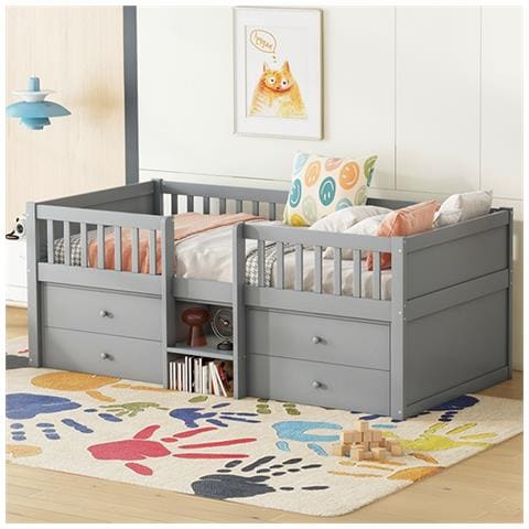 Letto A Mezza Altezza 90x200cm , 4 Cassetti, Ringhiera, Scala, Legno Di Pino, Senza Materasso, Grigio - Foto 1