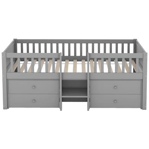 Letto A Mezza Altezza 90x200cm , 4 Cassetti, Ringhiera, Scala, Legno Di Pino, Senza Materasso, Grigio - Foto 2