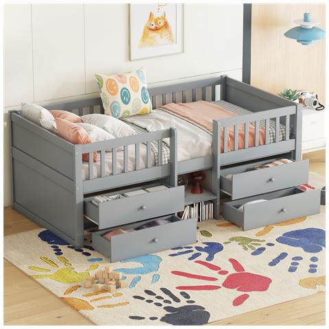 Letto A Mezza Altezza 90x200cm , 4 Cassetti, Ringhiera, Scala, Legno Di Pino, Senza Materasso, Grigio - Foto 4