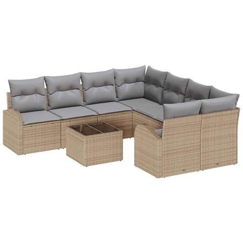 Set Divano Giardino 9 Pezzi con Cuscini Beige in Rattan, Divano Giardino a 2 Posti con Ripostiglio e Cuscini Beige in Rattan - Foto 1