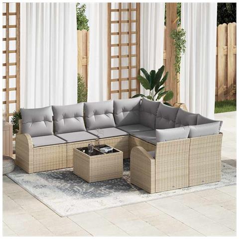 Set Divano Giardino 9 Pezzi con Cuscini Beige in Rattan, Divano Giardino a 2 Posti con Ripostiglio e Cuscini Beige in Rattan - Foto 2