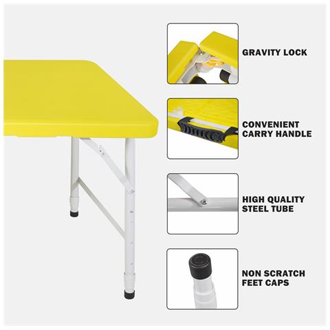 Tavolo Pieghevole Portatile Multifunzionale Da 125 Cm Con Maniglia, Altezza Regolabile, Per Picnic In Campeggio In/outdoor, Giallo - Foto 2