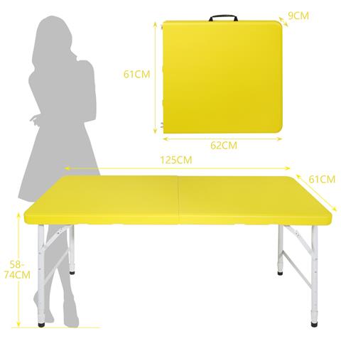 Tavolo Pieghevole Portatile Multifunzionale Da 125 Cm Con Maniglia, Altezza Regolabile, Per Picnic In Campeggio In/outdoor, Giallo - Foto 4