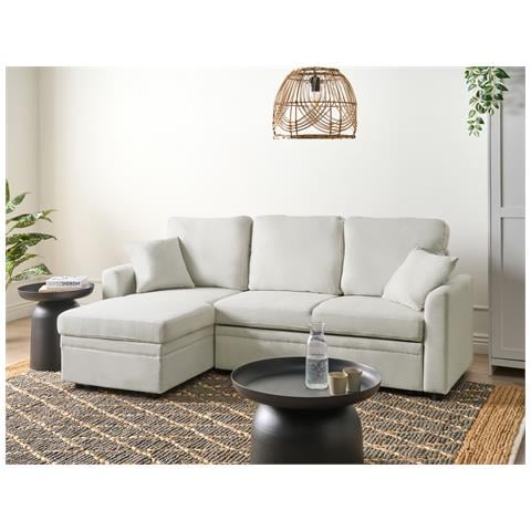 Divano Letto Angolare 3 Posti Nassjo Lino Sintetico Beige Chiaro Lato Destro - Foto 1