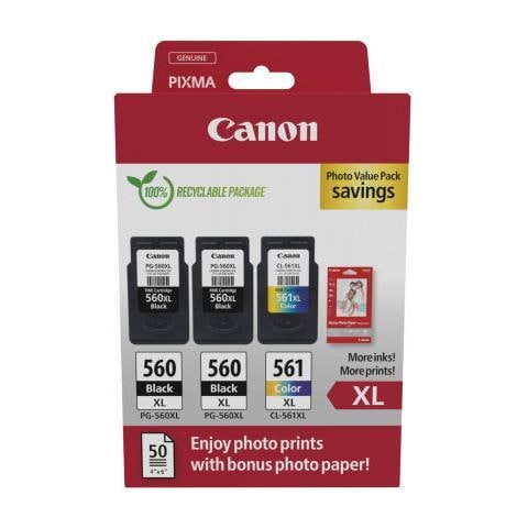 Canon 3712c012 Cartuccia D'inchiostro 3 Pz Originale Resa Elevata [xl] Nero, Ciano, Magenta, Giallo (pg-560xlx2/cl-561xl - Foto 1