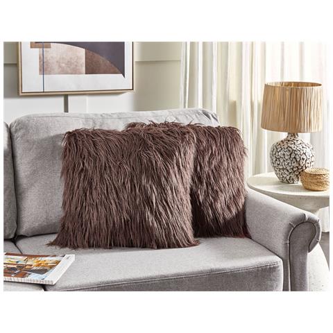 Set Di 2 Cuscini Corokia Finta Pelliccia 45 X 45 Cm Marrone Tinta Unita - Foto 1