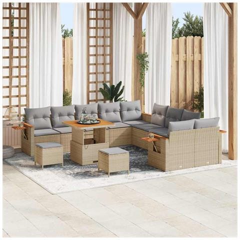Set di divano da giardino  da 13 pezzi con cuscini beige in polyrattan acacia, Set da pranzo da giardino  da 3 pezzi con cuscini beige in polyrattan acacia - Foto 2