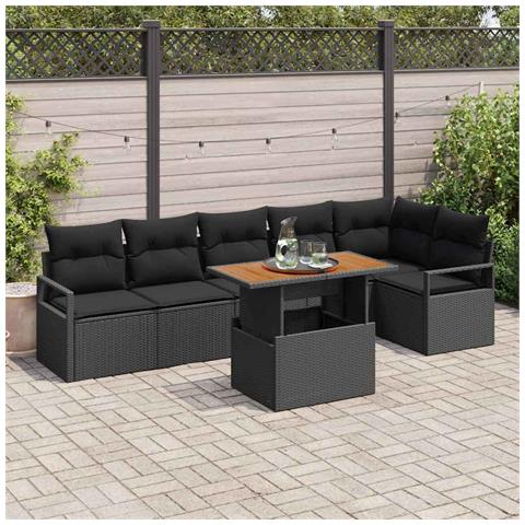 Set divani giardino da 7 pezzi con cuscini in rattan poliestere nero, Divano giardino con cuscini da 2 posti in rattan poliestere nero - Foto 2