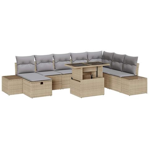 Set divano giardino 9 pezzi con cuscini beige polyrattan - Foto 1