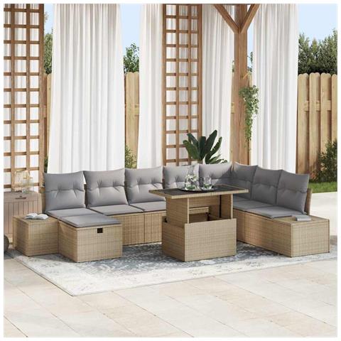 Set divano giardino 9 pezzi con cuscini beige polyrattan - Foto 2