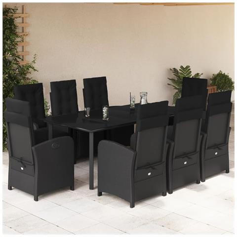 Set da Pranzo da Giardino 9 pz con Cuscini Nero in Polyrattan - Foto 2