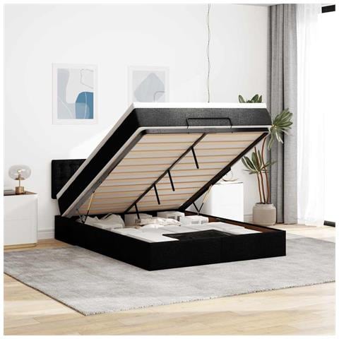 Pouf Letto con Materasso e LED Nero 140x200 cm in Tessuto - Foto 2