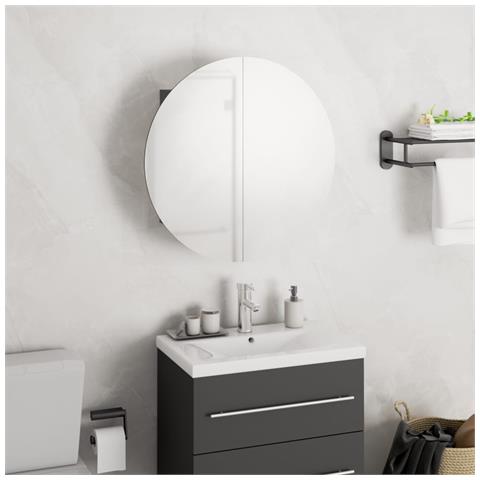Armadio da Bagno con Specchio Rotondo e LED Grigio 40x40x17,5cm - Foto 2