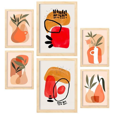 Set Di 6 Stampe Vasi In Pietra Con Fiori, Dipinti Decorativi Estetici Astratti Per Il Tuo Soggiorno Di Casa A3 & A4 Telaio In Legno Chiaro - Foto 1