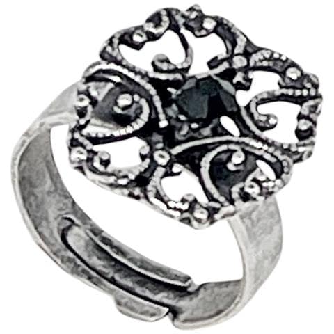 Anello Ovale Vintage Con Cristallo Nero, Finitura Argento Anticato - Foto 1