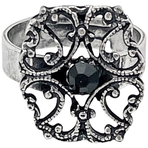 Anello Ovale Vintage Con Cristallo Nero, Finitura Argento Anticato - Foto 2