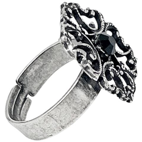 Anello Ovale Vintage Con Cristallo Nero, Finitura Argento Anticato - Foto 5