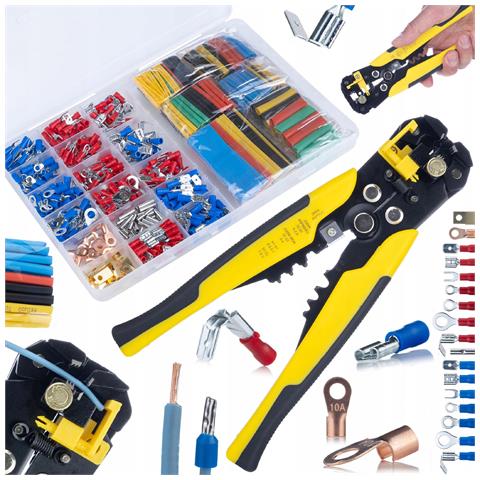Set Di Connettori Isolati E Tubetti Termorestringenti + Spelafili Automatico Con Crimpatrice - 350 Connettori, 328 Tubetti, Pvc E Rame, 600v, 84-120°c - Foto 1