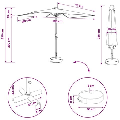 Parasol da Giardino con Luci LED 200 x 300 cm Poliestere Nero - Foto 9