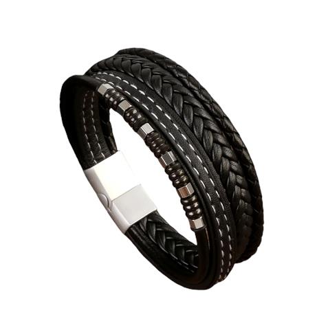 Bracciale Da Uomo In Pelle Intrecciata Retrò Multistrato Black - Foto 1