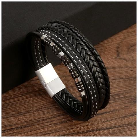 Bracciale Da Uomo In Pelle Intrecciata Retrò Multistrato Black - Foto 2
