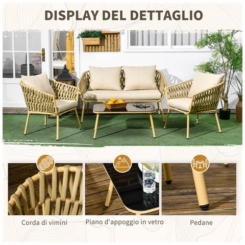 Salotto da Esterno con Divano 2 Posti, 2 Poltrone con Cuscini e Tavolino in Vetro - Foto 6