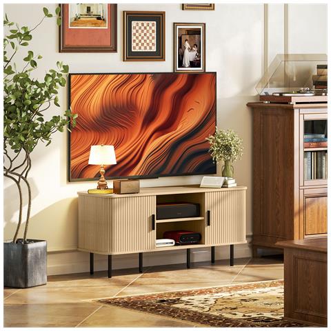 Mobile TV 55"" con 2 Armadietti e 2 Ripiani in Legno e Acciaio, 120x40x55 cm, Nero e Rovere - Foto 2