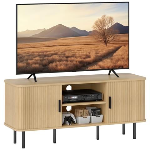 Mobile TV 55"" con 2 Armadietti e 2 Ripiani in Legno e Acciaio, 120x40x55 cm, Nero e Rovere - Foto 1