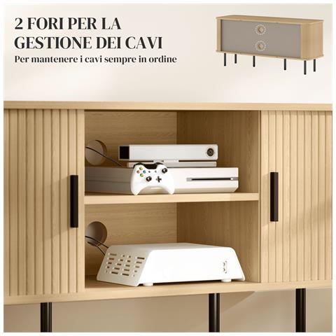 Mobile TV 55"" con 2 Armadietti e 2 Ripiani in Legno e Acciaio, 120x40x55 cm, Nero e Rovere - Foto 6