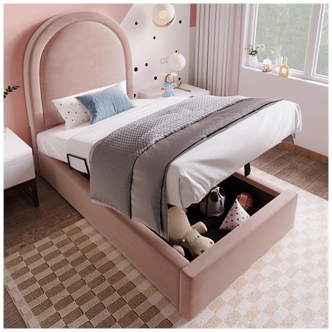 Letto Contenitore Letto Imbottito Per Bambini 90 X 190 Cm, Letto Singolo Con Motivo Cosmico, Rosa, Velluto - Foto 4