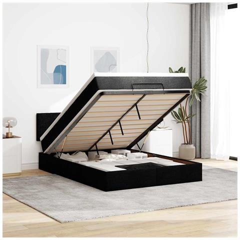 Pouf Letto con Materasso e LED Nero 140x200 cm in Tessuto - Foto 2