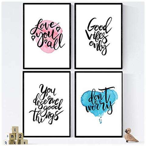 Set Di 4 Stampe Messaggi Felice E Colorato. Confezione Poster 'vita Buona' Senza Cornice A4 - Foto 1