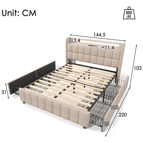 Letto Elegante Beige Con Prese Elettriche, Usb, Led E 4 Cassetti Organizzati - Foto 2