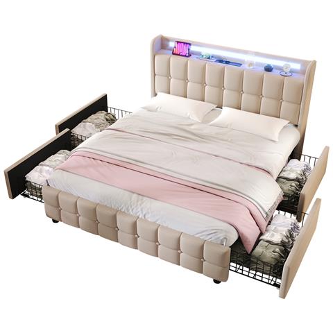 Letto Elegante Beige Con Prese Elettriche, Usb, Led E 4 Cassetti Organizzati - Foto 1