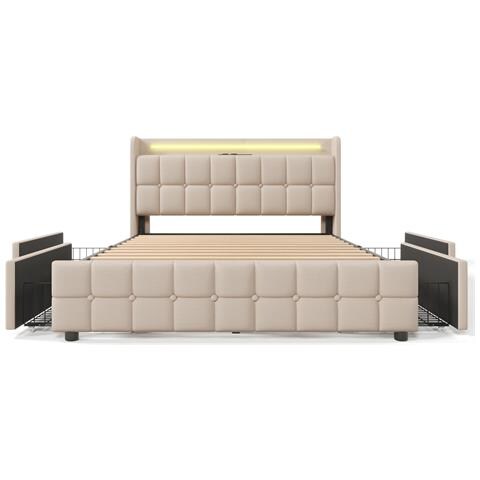 Letto Elegante Beige Con Prese Elettriche, Usb, Led E 4 Cassetti Organizzati - Foto 3