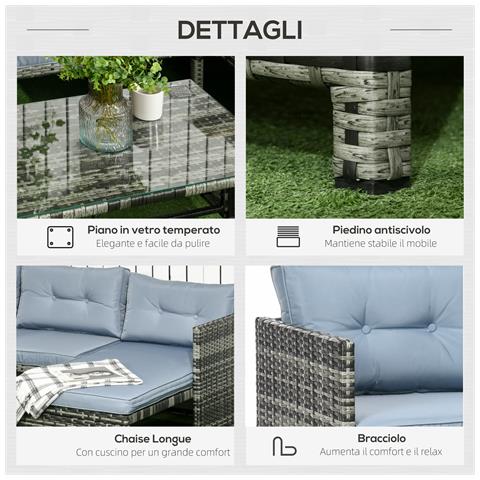 Salotto da Giardino con Divanetto, Chaise Longue e Tavolino in Rattan PE con Cuscini, Grigio - Foto 6