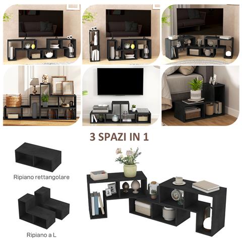 Mobile TV 75"" max Modulabile con 2 Ripiani a L e Mensola Rettangolare, in Legno, 134-180x30.5x44 cm, Nero - Foto 6