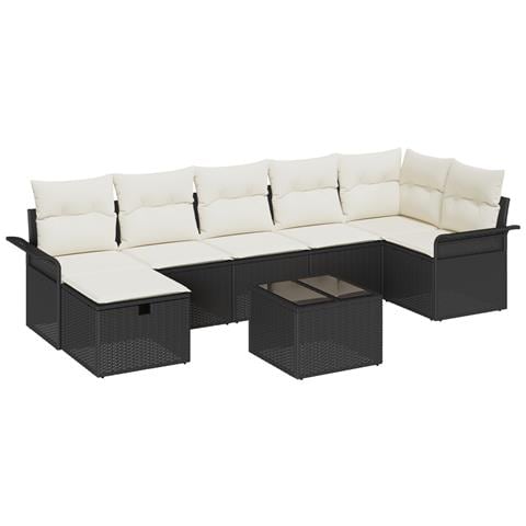 Set divano da giardino 8 pezzi con cuscini in polyrattan nero,  Divano da giardino a 2 posti con spazio di stoccaggio e cuscini in polyrattan nero - Foto 1