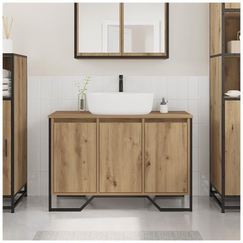 Mobiletto per Lavabo Rovere Artigianale 91x35x60 cm Legno ingegnerizzato - Foto 2