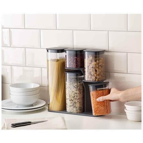 Podium, Set Di 5 Barattoli Per La Conservazione Con Supporto, Ermetici, Facili Da Versare, Ideali Per Alimenti Secchi, Grigio, Da 500 Ml A 1,9 L - Foto 2