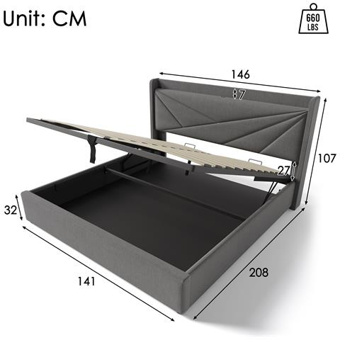 Letto Matrimoniale Grigio Con Testata In Tessuto, Stoccaggio Pratico E Design Moderno - Foto 2