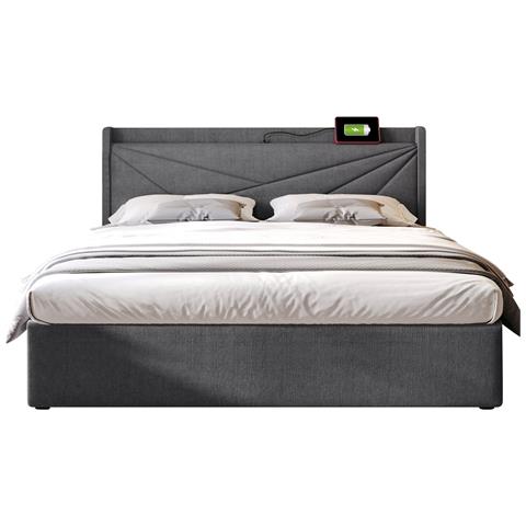 Letto Matrimoniale Grigio Con Testata In Tessuto, Stoccaggio Pratico E Design Moderno - Foto 1