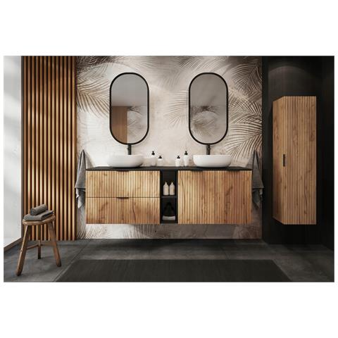 Mobile sottolavabo 160 cm, Bianco scanalato, piano e ripiano marroni, FLOW - Foto 1