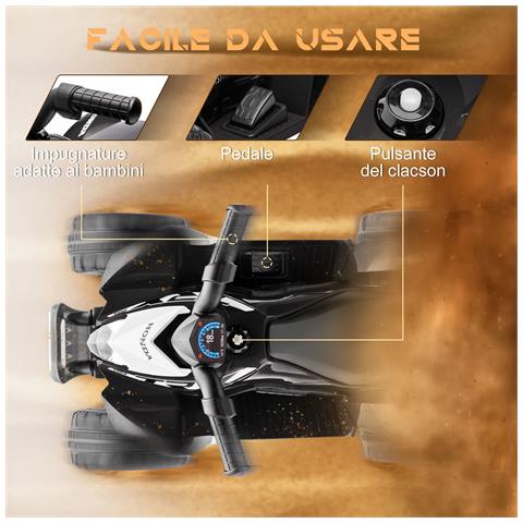 Quad Elettrico Per Bambini 18-36 Mesi Con Luci Led, Clacson E Pedali, 65.5x38.5x43.5 Cm, Nero - Foto 6