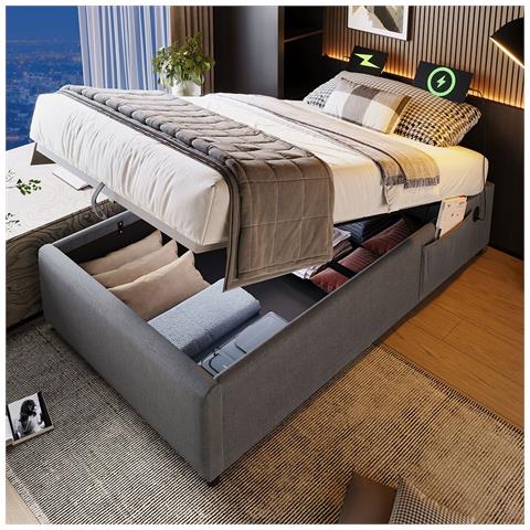 Letto Contenitore Letto Imbottito Singolo 90×200 Cm, Senza Testata, Cotone, Grigio, Senza Materasso - Foto 1