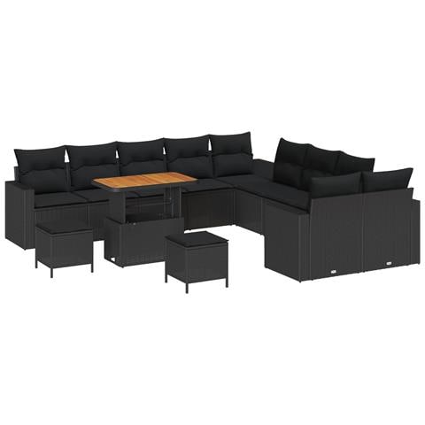 Set di divano da giardino da 13 pezzi con cuscini in polyrattan nero, Set da pranzo da giardino da 3 pezzi con cuscini in polyrattan nero - Foto 1