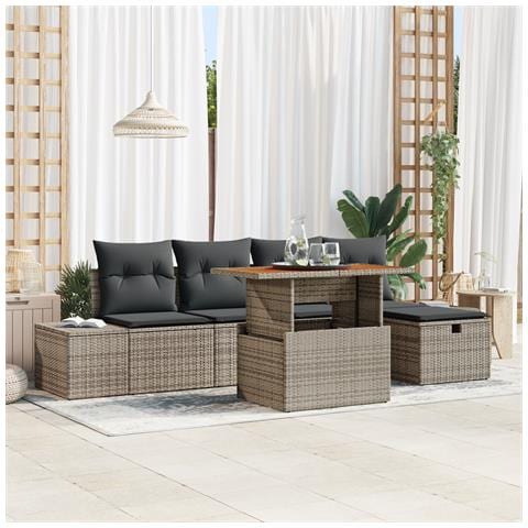 Set Divano da Giardino da 6 Pezzi con Cuscini Grigio Rattan Poliestere - Foto 2