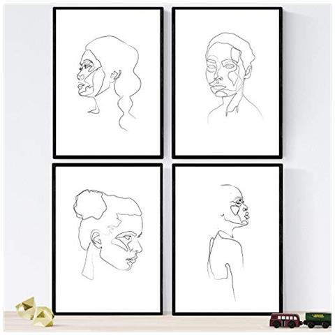 Set Di 4 Stampe Lamini Di Disegni E Schizzi A Una Linea Facce Viso Poster Nordico Dei Volti Nudi Corpi Al Naturale Tavolo Cornice Nera A4 - Foto 1